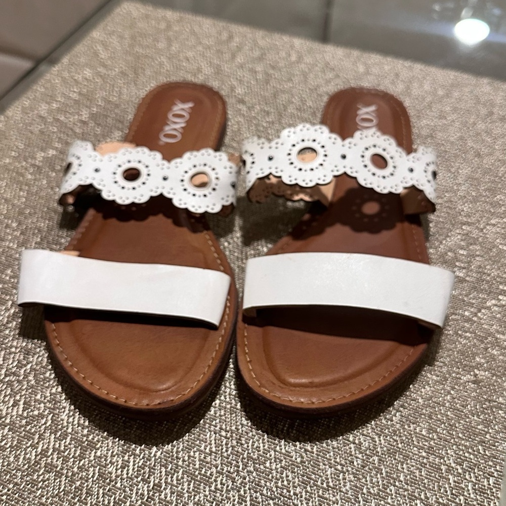 XOXO White and Brown Double-Strap Sandals